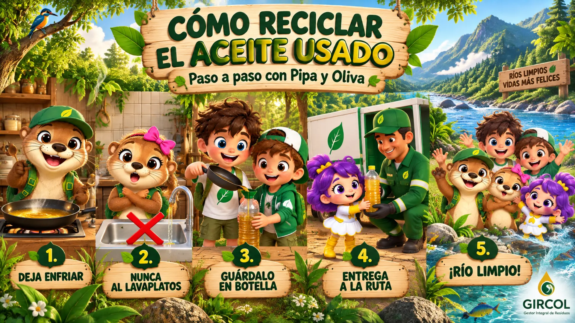Póster de los 5 pasos para reciclar el aceite de cocina usado con Pipa y Oliva